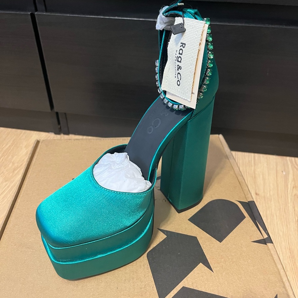 Teal Satin Platform Heels